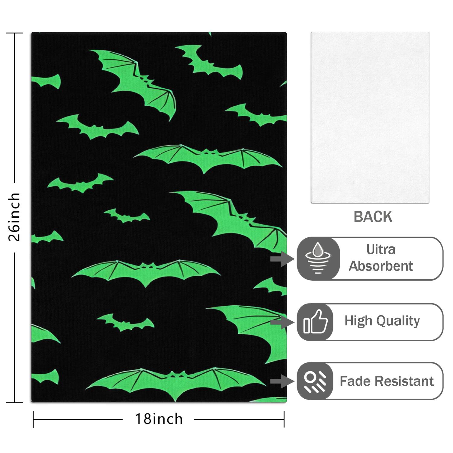 2 Pcs Funny Kitchen Towels,Black Halloween Bats with Green Microfiber Dish Towels,Kitchen Tea Towels,Kitchen Towel Set (18" X 26")