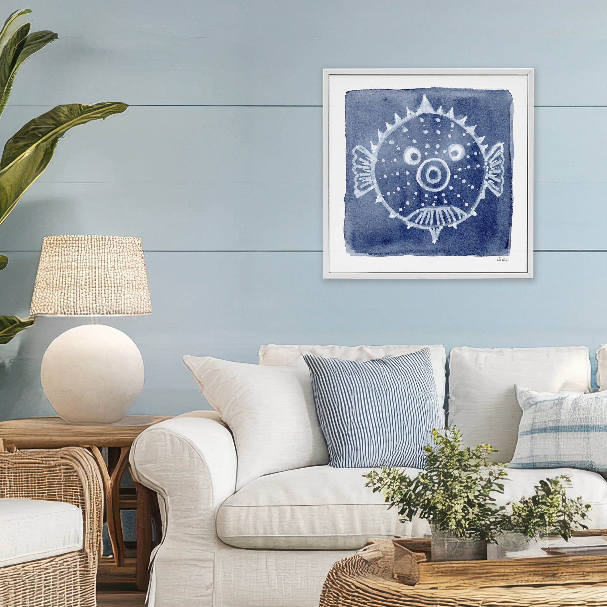 Stupell Industries White Blow Fish on Indigo White Framed Giclee Art, design by Patti Bishop