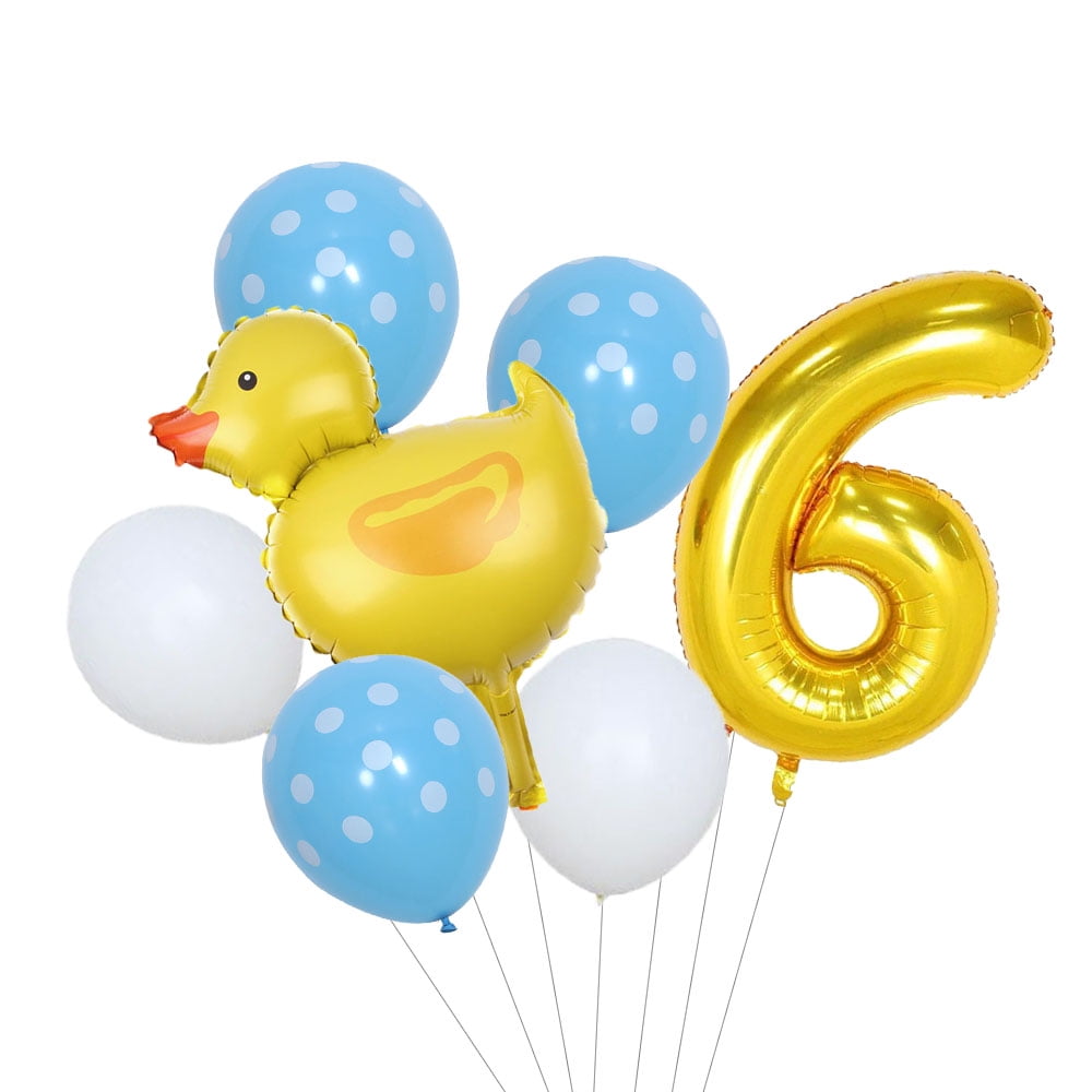 Small yellow duck-shaped floating air balloon sets with digital balloons for birthday party decoration.