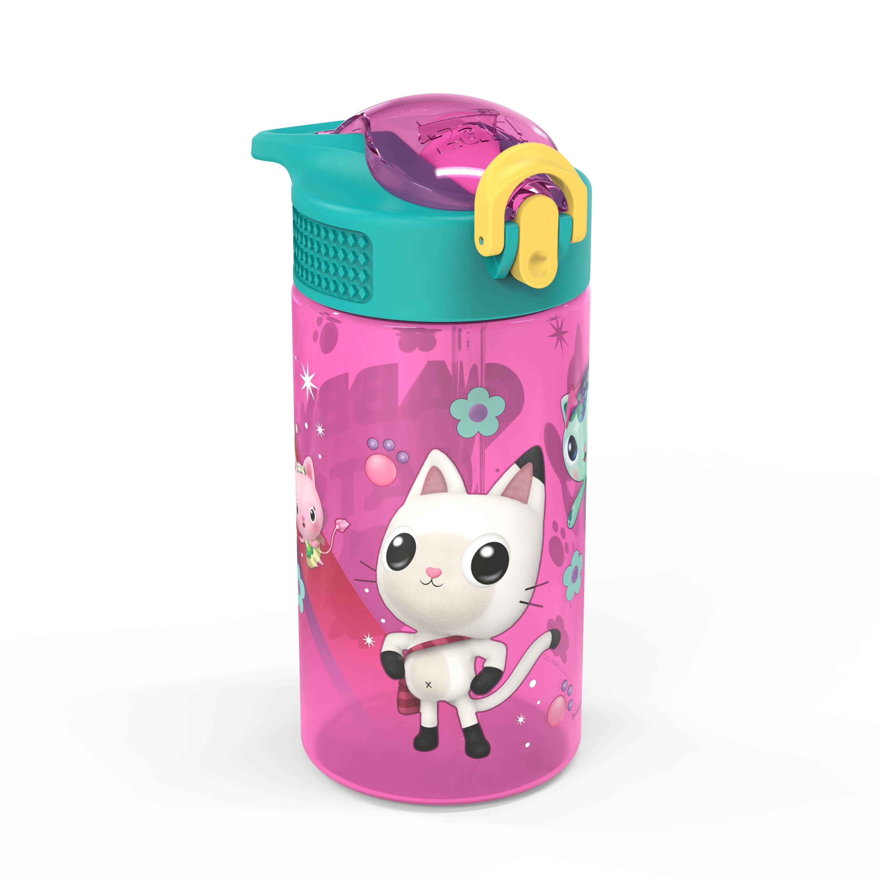 Zak Designs Gabbys Dollhouse 16 ounce Reusable Water Bottle with Hygienic spout cover and antimicrobial spout, Gabby's Cats