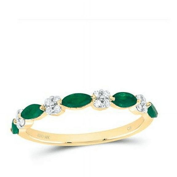 10K Yellow Gold Real Diamond & Emerald Gemstone Anniversary Wedding Band 1/10 CT