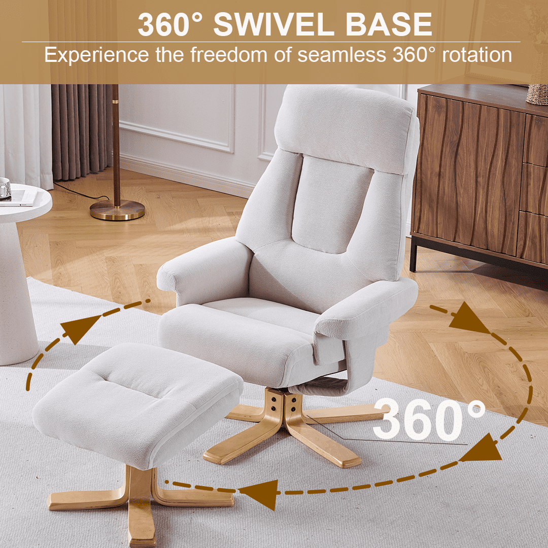 Beige Fabric Upholstered Heated Massage 360 Degree Swivel Accent Chair, Ergonomic Single Sofa with Ottoman and Adjustable Backrest for Living Room Bedroom Reading Nook, Beige
