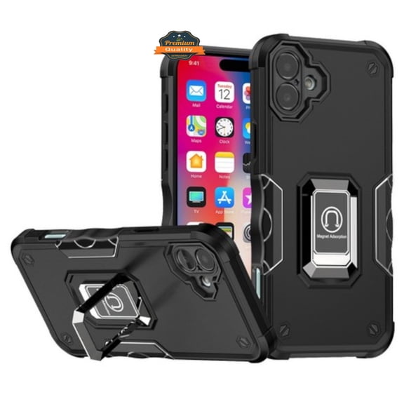For Apple iPhone 16 (6.1") Hybrid 2 in 1 Hard PC TPU Heavy Duty Rugged Bumper Shockproof with Magnetic Ring Kickstand Phone Case Cover by Xpression - Black