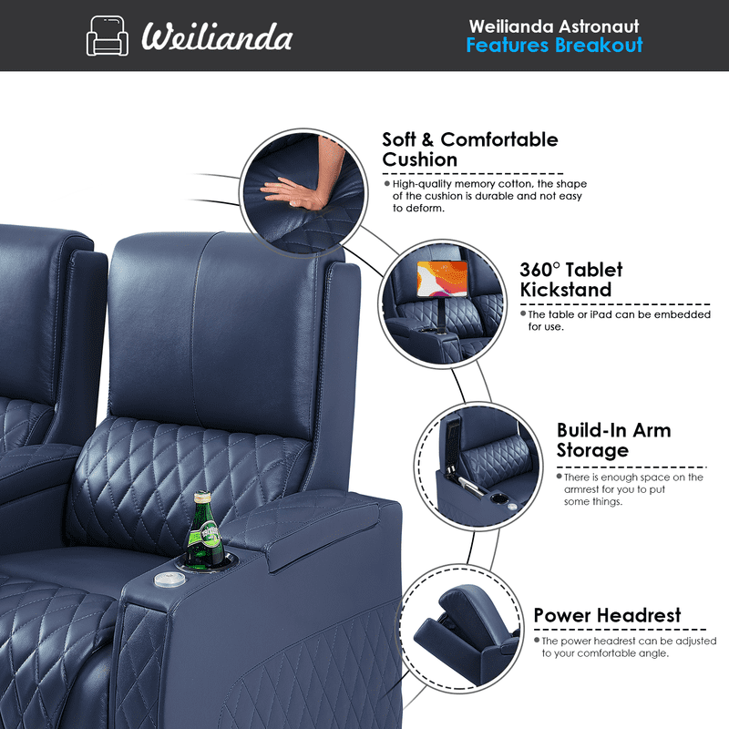 Weilianda Astronauts Reclining Sofa Electricity Recliner Zero Gravity Chair Top Grain Leather Movie Chair Gaming Sofa with Tray Table USB Charging Cup Holders,Row of 6 Blue