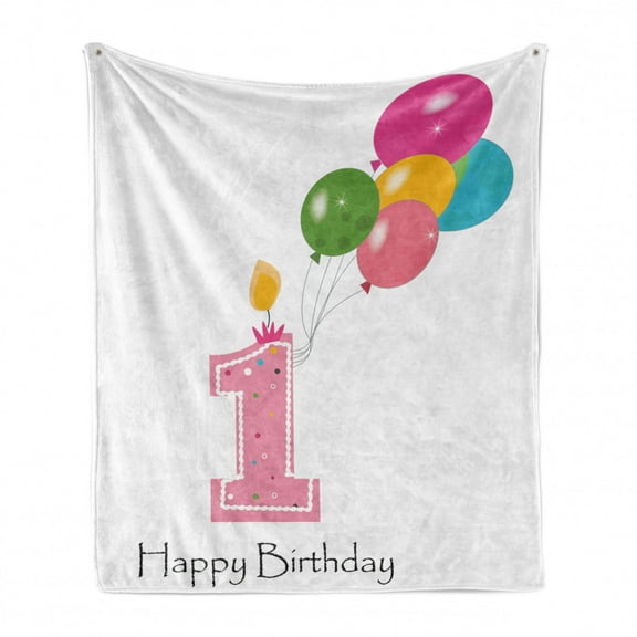 1st Birthday Soft Flannel Fleece Throw Blanket, Baby Girl Toddler Party Candlestick with Colorful Balloons Print, Cozy Plush for Indoor and Outdoor Use, 50" x 70", Pale Pink and White, by Ambesonne