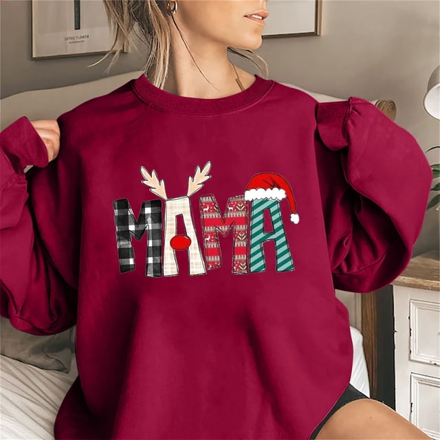 Leapfrogs Hauts Grande Taille pour Femmes, Haut de Mode Coloré de Noël à Col Rond pour Femmes, Chandails à Manches Longues