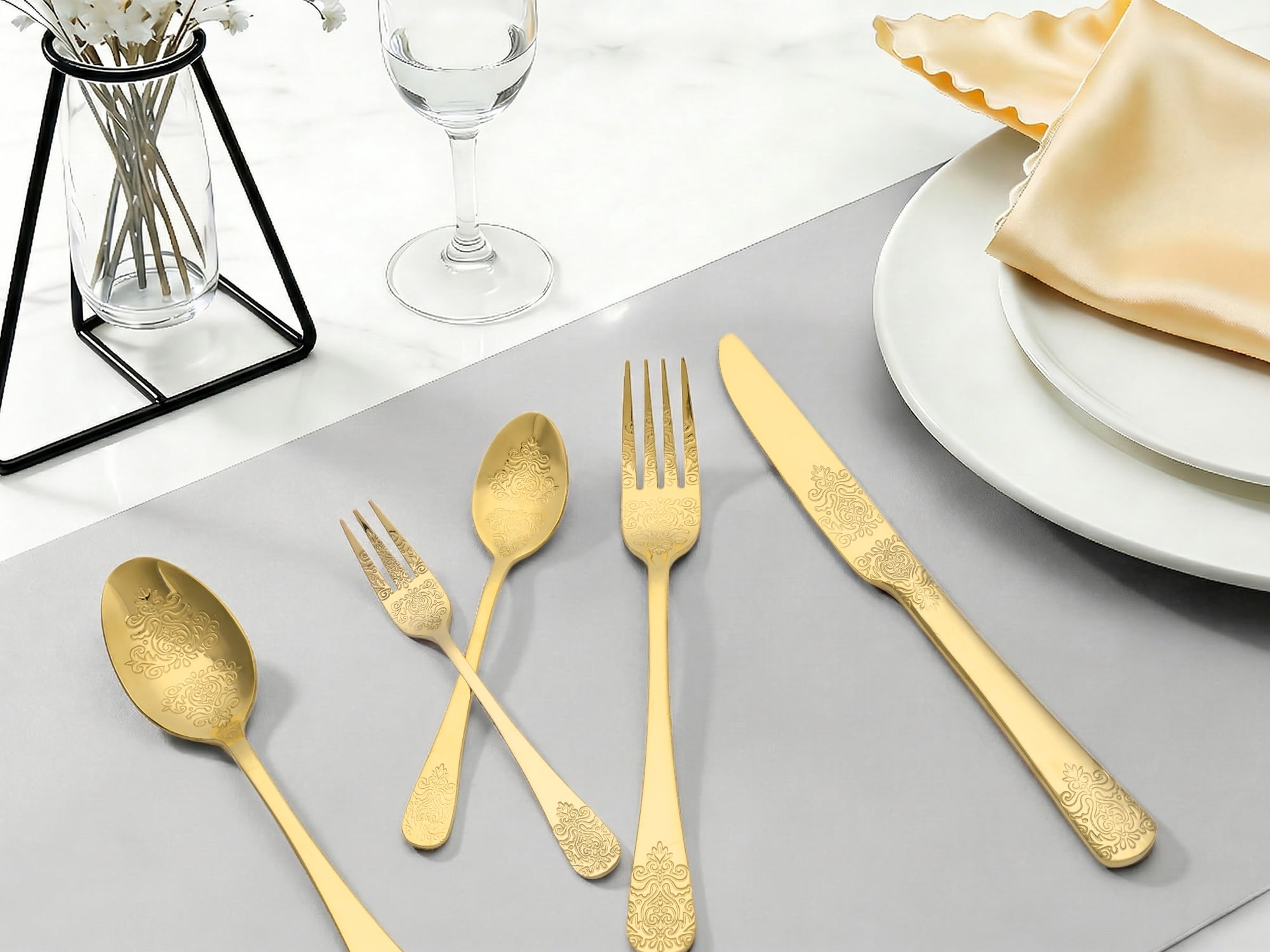 Unique Bargains 20 Pieces Stainless Steel Flatware Set for 4 Gold