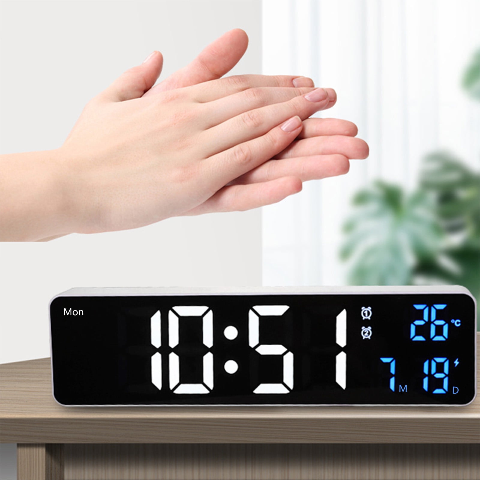 Foqnuq Large LED Digital Clock Alarm - Rechargeable Snooze Wall Clock - Date & Temperature Display - USB Powered - Perfect for Home & Office