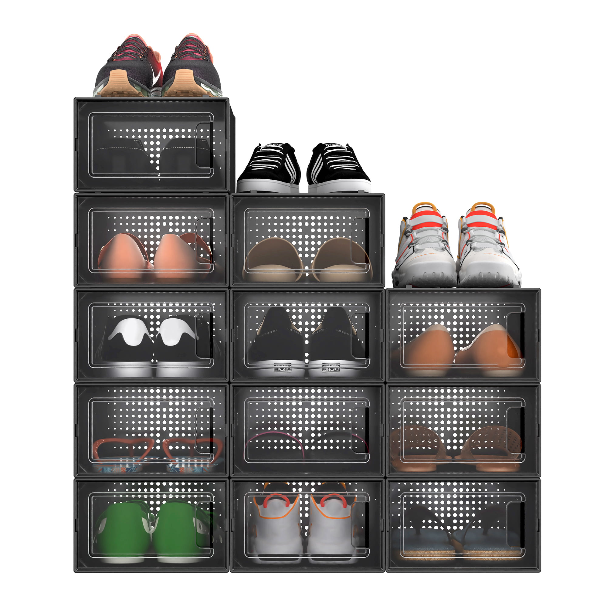 12 Pack Stackable Shoe Container with Drawer Type Front Opening Easy to Assemble Shoe Case 13.1 x 9 x 5.5 Inches Sneaker Storage Organizer for Size Up to US Mens 9 Womens 10 YOLOPARK Shoe Box
