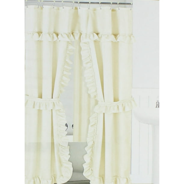 Ivory Ruffled Double Swag Shower Curtain & Liner 70" x 72" w/12 Roller