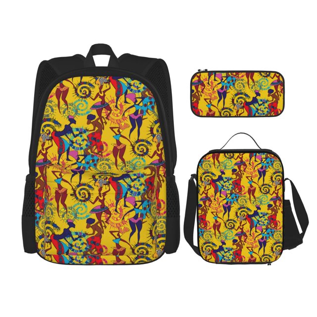 Balery Dancing African Womens Mochila escolar 3 en 1 para niños: mochila resistente con lonchera térmica y estuche para lápices. Mochila escolar para niños y niñas.