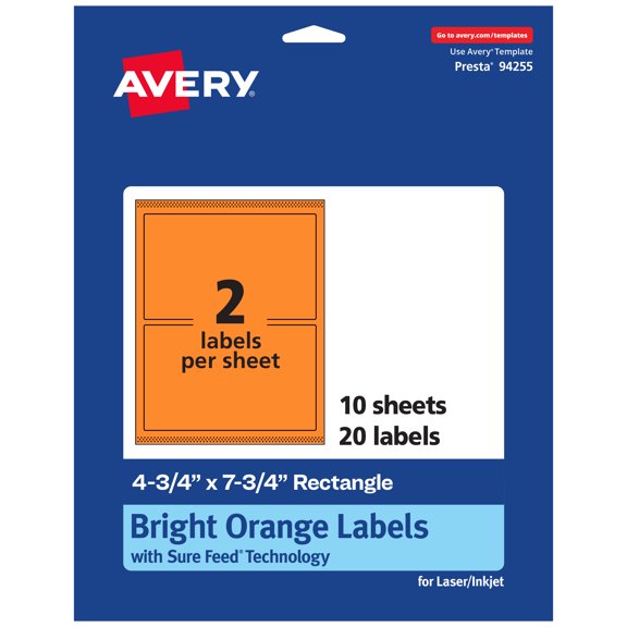 Avery Printable Rectangle Labels, Bright Orange, 4.75" x 7.75", 20ct