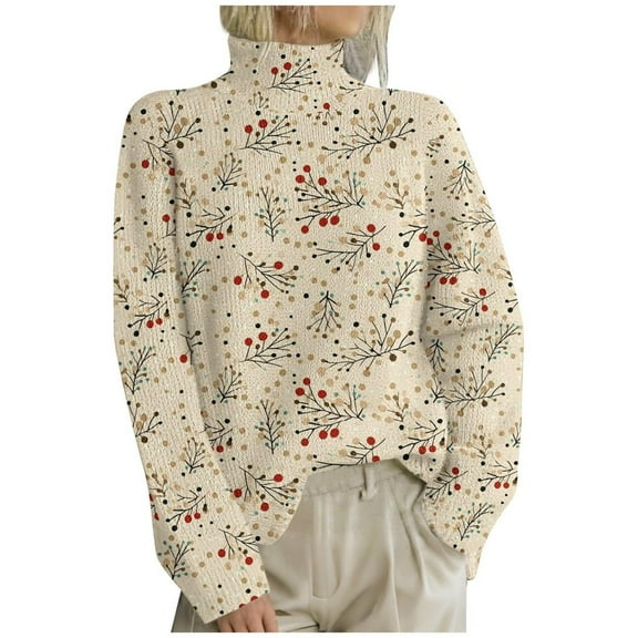 Women Christmas Outfit Festive Knit Pullover for Women Cozy High Neck Winter Holiday Casual Crewneck Christmas Top Soft Yarn Beige 4XL