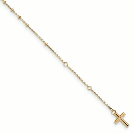 14K Yellow Gold 2 MM Polished Beaded Cross Rosary Bracelet with 2" Extension, 6"