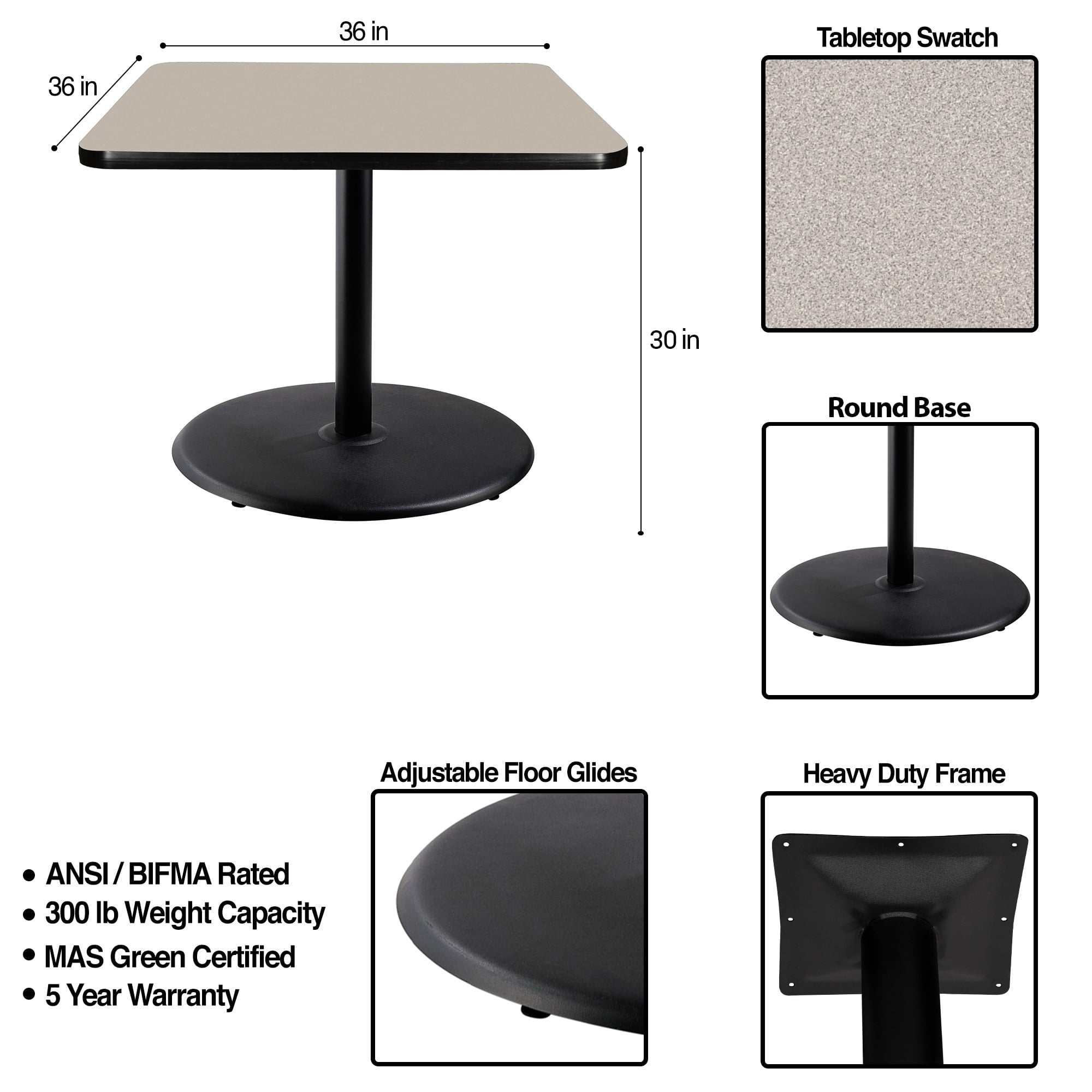 Hampden Furnishings Bennet Collection Steel Frame 36" Square Top, Round Base, 42" Height, Cafe Table, Black Frame/Grey Nebula Top