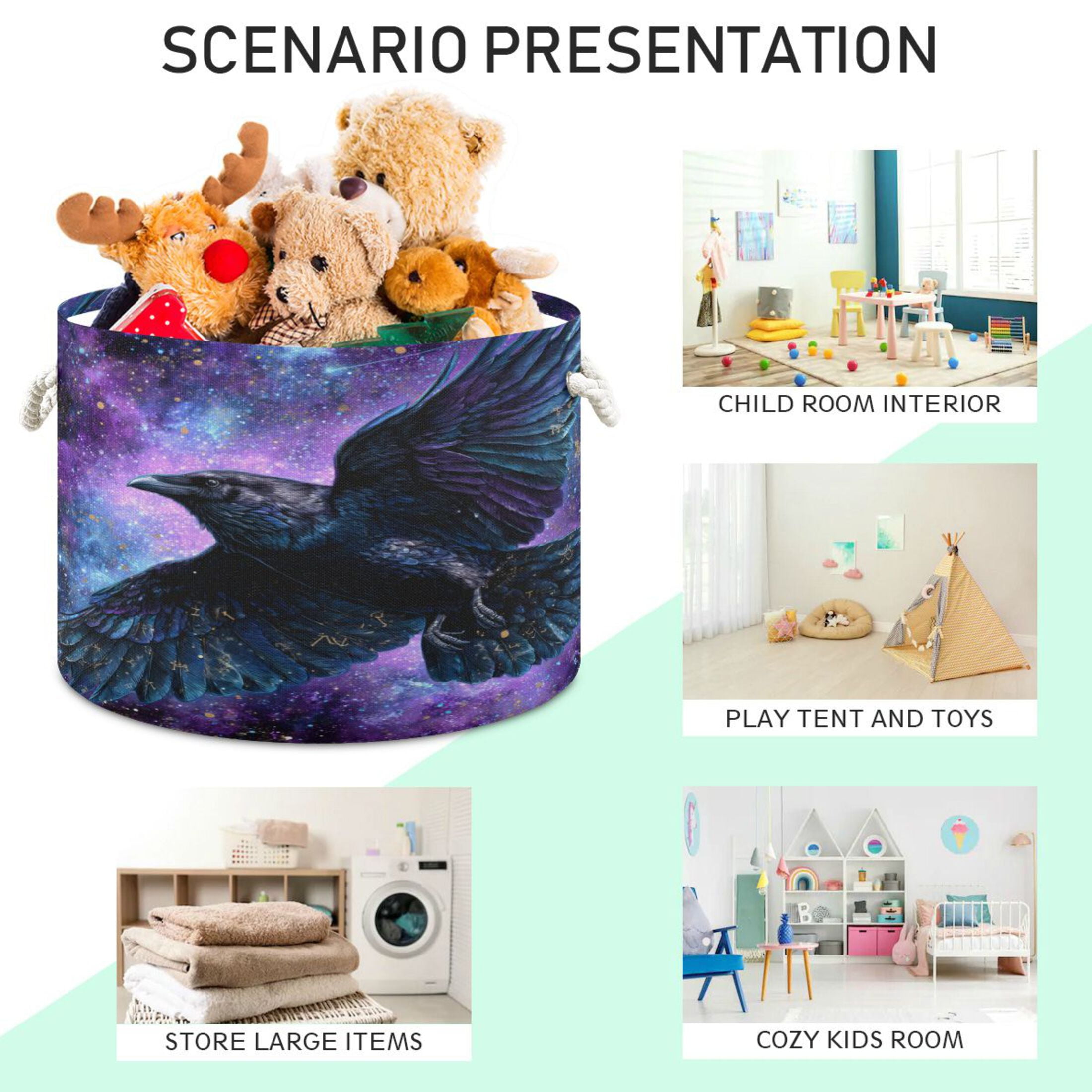 Round Toy Storage Basket Foldable Storage Basket for Home Decor Laundry Basket20" x 14" Black Raven