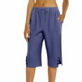 thumbnail image 4 of HKYNLAG Bermuda Shorts for Women Linen Shorts Knee Length Elastic Waist Long Shorts Casual Summer Shorts Petite Capri Pants Dressy Summer Beach Shorts with Pockets Navy L, 4 of 7