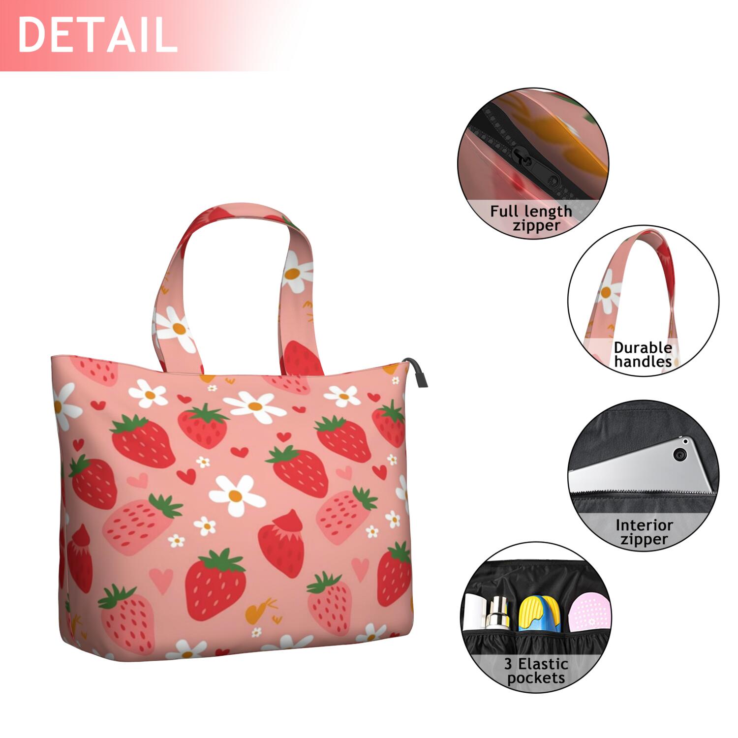Strawberry Plants Fruit Flower Heart Travel Tote Bags for Women Carry On,Large Weekender Bags for Women Travel,Multi Functional Duffle Bag for Work,Shopping,Sports
