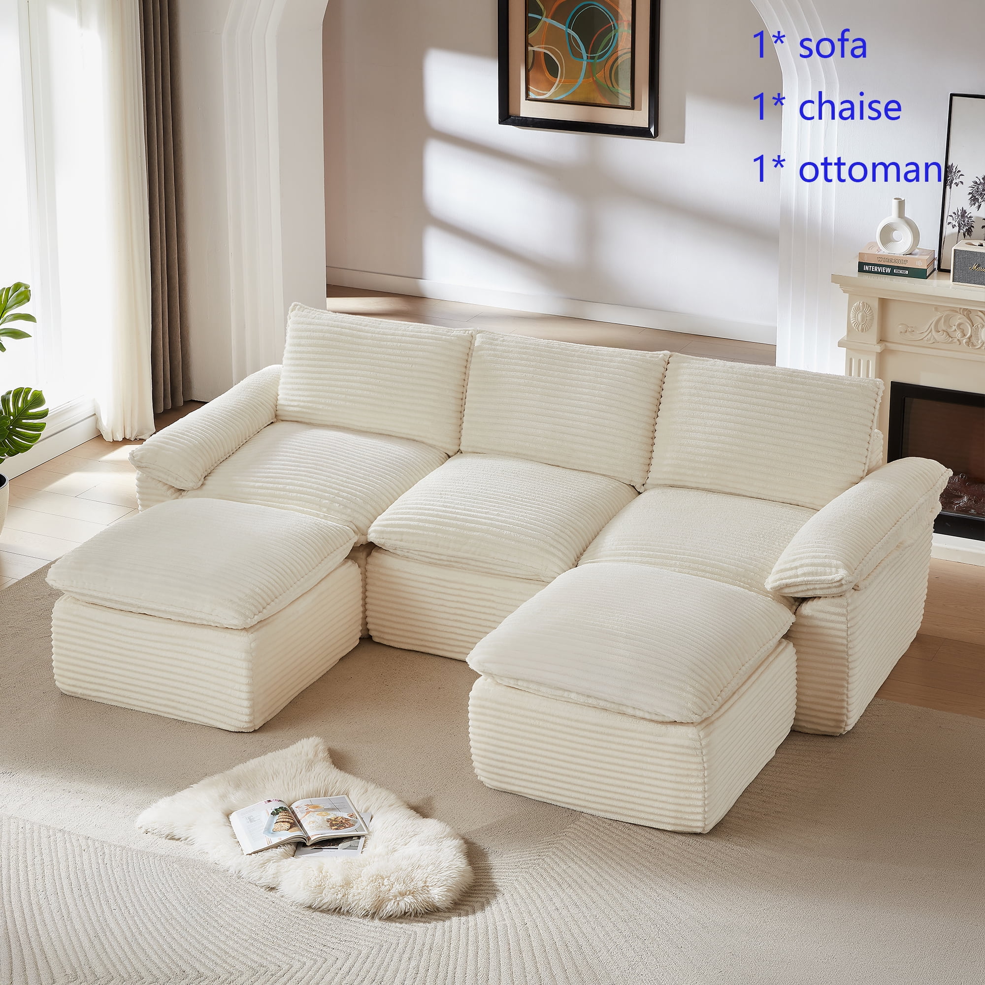 Miniyam 30.7" * 30.7" * 21" Ottoman for Sectional Sofa Corduroy White, Modern Comfy Footrest