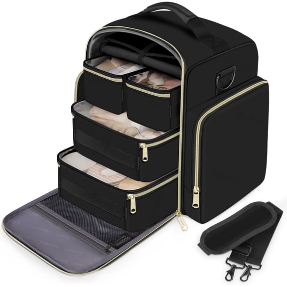YOREPEK Large Travel Makeup Bag Organizer with 4 Removable Cases & 1 Jewelry Organizer Roll, Multiple Storage Pockets Cosmetic Bag Holds Toiletries/Skin Care/Hair Supplies/Brush, Black