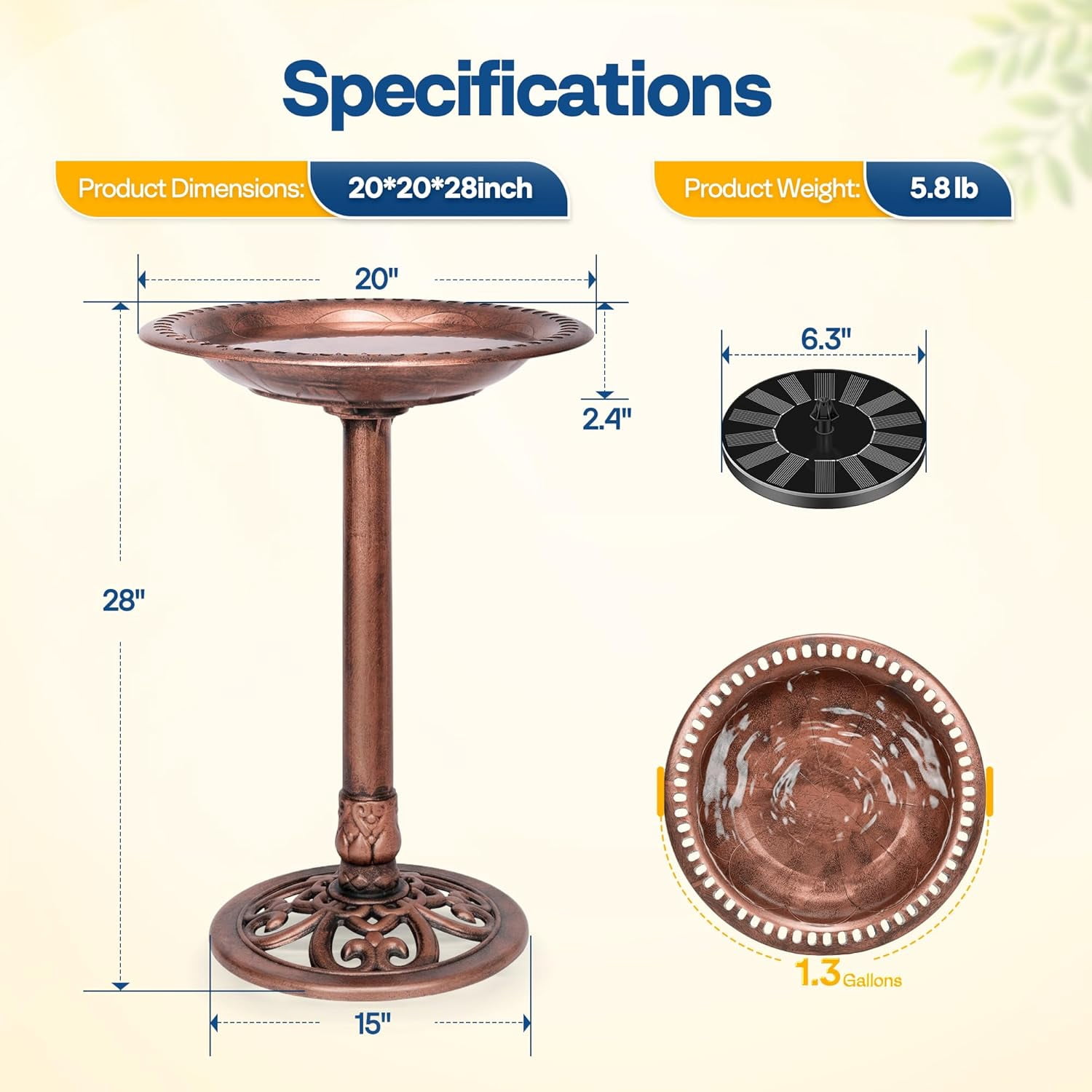 SPECSTAR Bird Bath, Polyresin Antique Outdoor Bronze Garden Birdbath and Solar Powered Round Pond Fountain Combo Set