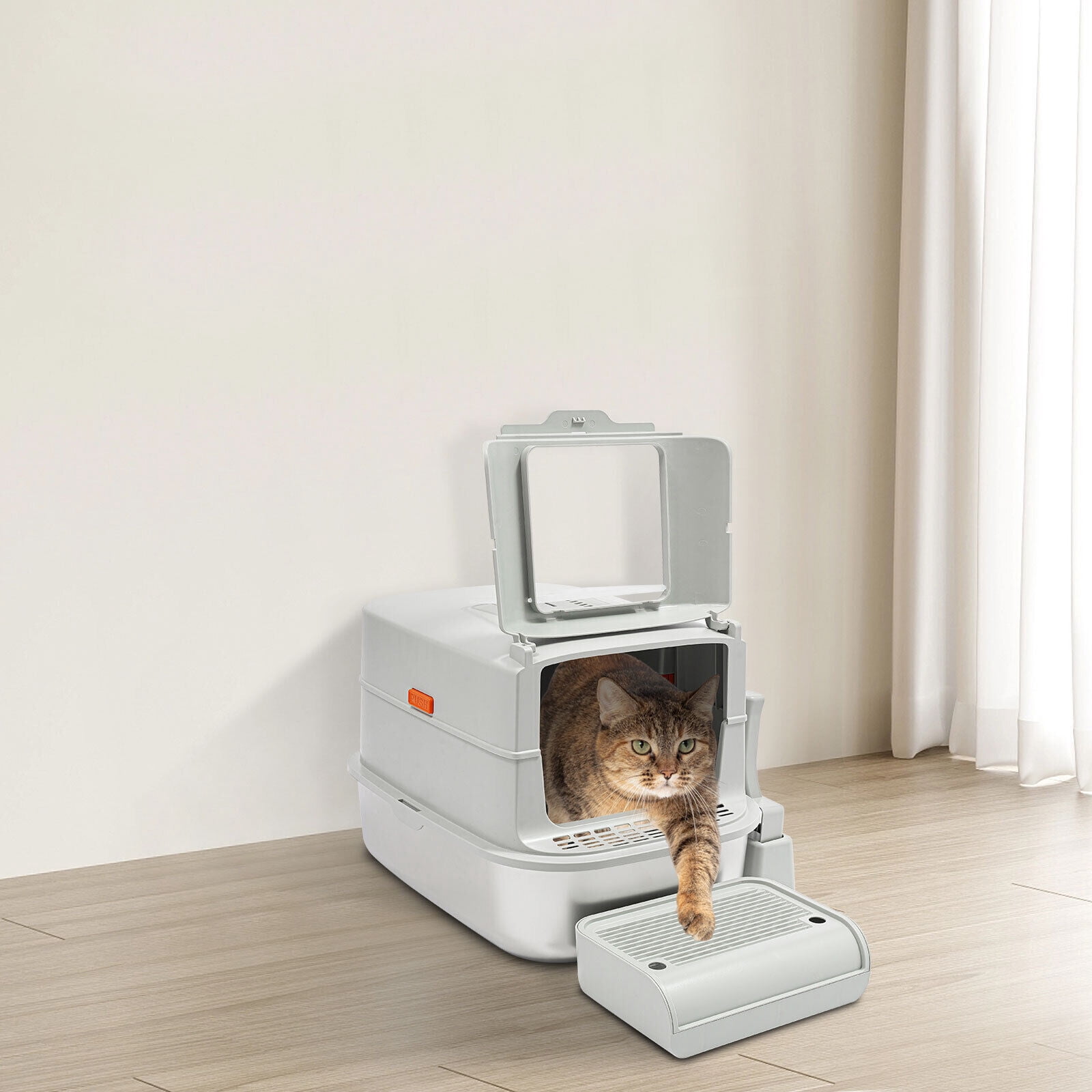20L Stainless Steel Cat Litter Box - Enclosed/Semi-Open Design with Splash Guard & Deodorizer Compartment (Fits Cats Up to 22lbs)