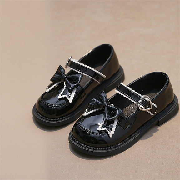 AUNVITO Girls Leather Shoes Soft Sole Bow Hook & Loop British Style Princess Performance Dress Shoes 4-14Y