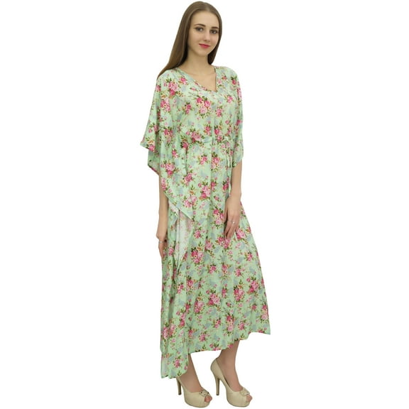 Bimba Women's Floral Cotton Kaftan Kimono Sleeve Coverup Green Maxi Caftan-4