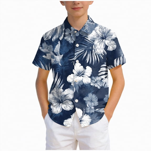 KPOPLK Boys Kids Shirt Short Sleeve Button Down T-Shirts Hawaiian Tropical Summer Beach Tee Camp Collar Tops with Pocket Size 7-8 Years,Navy