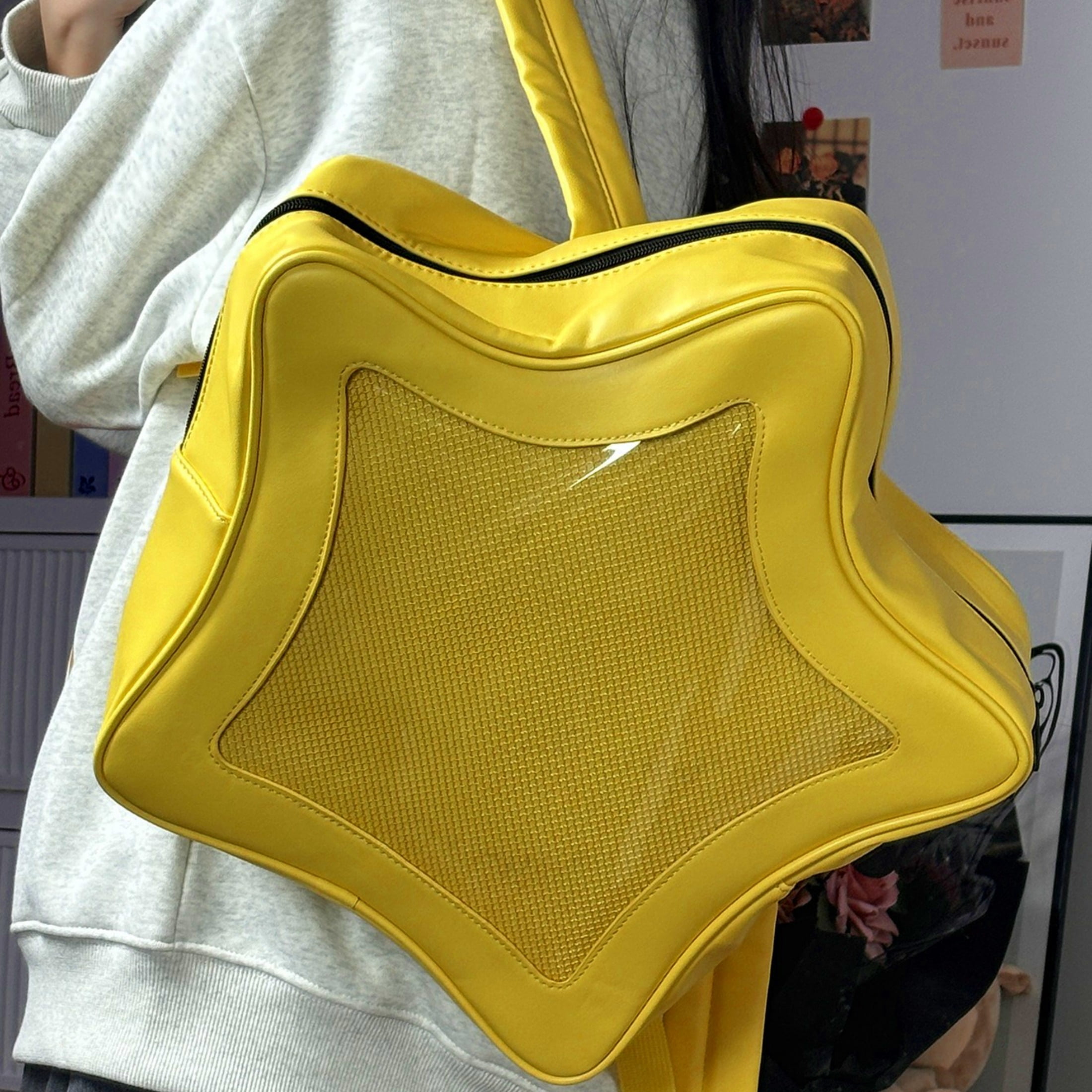 Yellow Star Kawaii Backpack PU Leather Ita Bag Backpack Y2k Shoulder Bag Aesthetic Cute Backpack