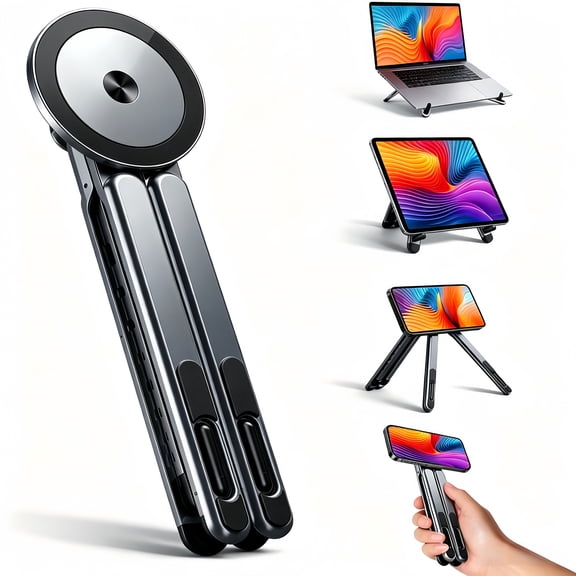 Foldable Laptop Stand with Magnetic Phone Holder, Adjustable Aluminum Laptop Riser for MacBook, Tablet & Phone, Portable Ergonomic Desk Stand for Home Office