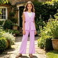 thumbnail image 6 of Girls Summer Outfits Striped Sleeveless Tie Front Peplum Top & Casual Wide Leg Pants 2 Piece Cute Matching Clothes Set Pink 11-12 Years, 6 of 9