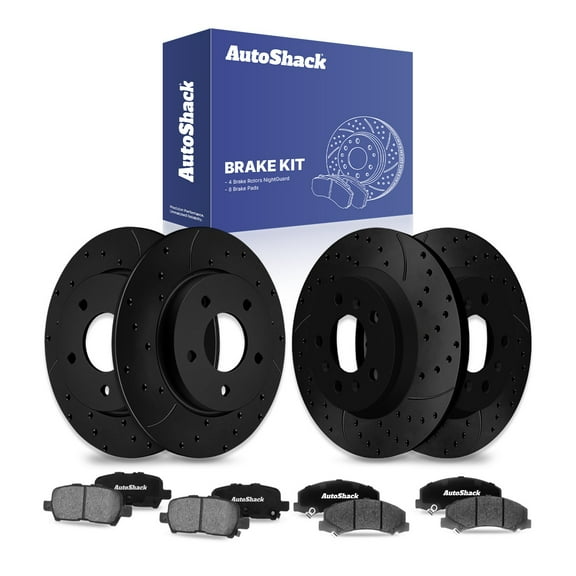 AutoShack Front Vented & Rear Solid Drilled & Slotted E-Coated Brake Rotors Black Finish   Ceramic Pads 12-PC Brake Kit Replacement for 2010-2013 Chevrolet Impala NightGuard