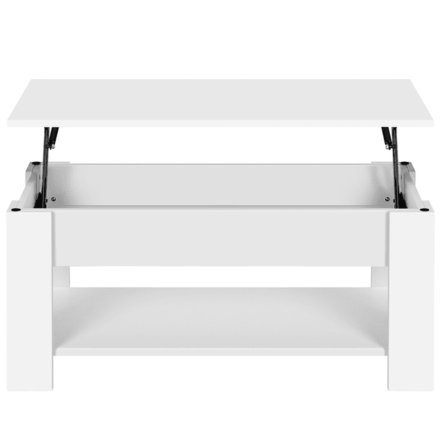 Fullfurnique white lift top coffee table featuring a hidden storage compartment beneath the raised tabletop and an open lower shelf for additional storage.