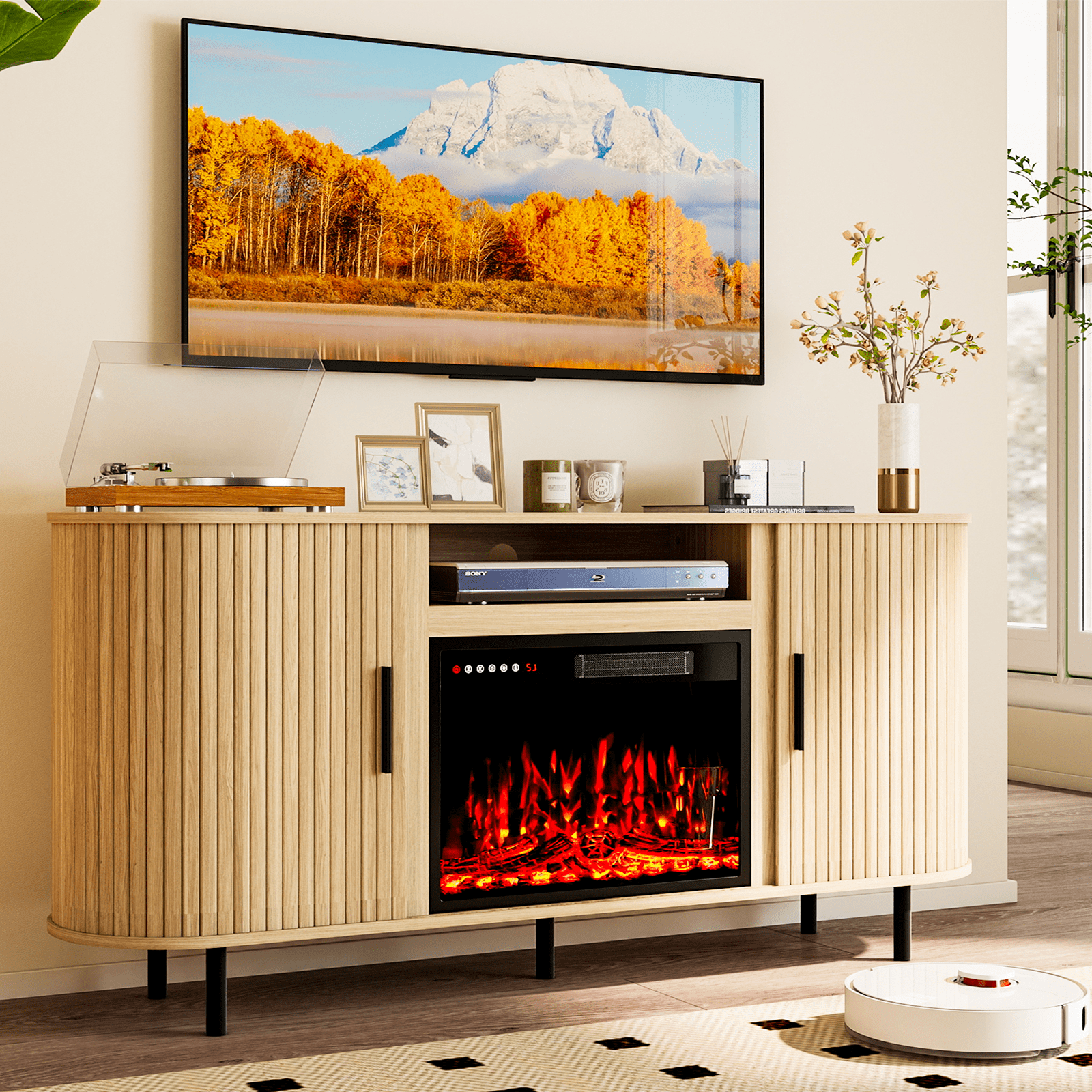 Flictozena 65’’ Modern Fluted TV Stand for TVs Up to 75’’ with 23’’ Electric Fireplace - Wooden Entertainment Center, Curved Design, Sliding Doors & Storage Shelf, Natural Oak