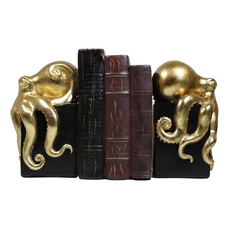 Ebros Contemporary Gold Color Octopus Bookends Statue Set With Black Base