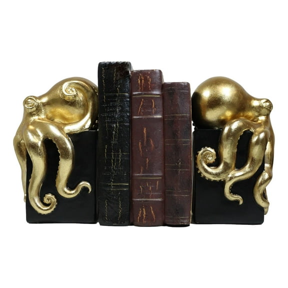 Ebros Contemporary Gold Color Octopus Bookends Statue Set With Black Base