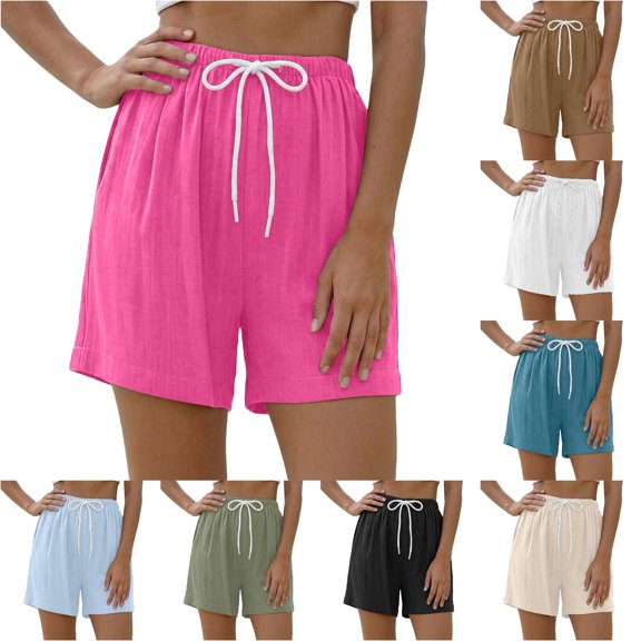 WAYUTE Womens Shorts Casual High Waist Loose Thin Breathable Solid Color Summer Shorts with Drawstring and Pockets Beach Outdoor,Hot Pink,2XL