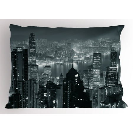 City Pillow Sham Aerial Night of View Hong Kong Skyline Famous Modern Urban Town Metropolis Panorama Image, Decorative Standard King Size Printed Pillowcase, 36 X 20 Inches, Grey, by