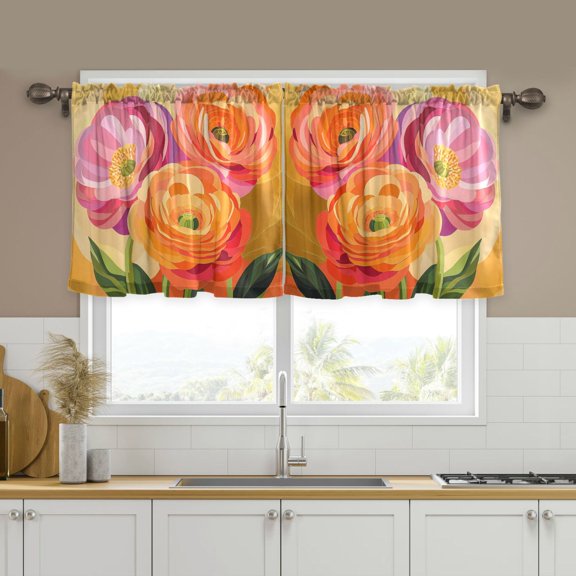 Yayeee Kitchen Curtains Tier Set of 2 Light Filtering 57"x24" Over Sink Window Panels, Pink Abstract Floral