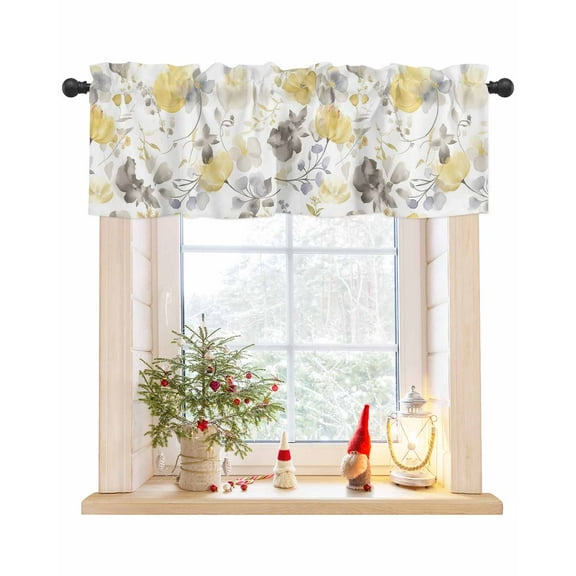 Yellow Grey Botanical Curtain Valance for Windows/Living Room/Kitchen/Bathroom/Café, Short Rod Pocket Tier Curtain Window Treatment Panel Spring Floral Watercolor Topper Curtain 60''x18''