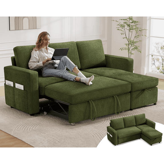 Vipbear 81" Sleeper Sofa Bed with Pull Out Bed, L Shaped Couch Sectional Sleeper Sofa, Pull Out Couch with Reversible Storage Chaise, Side Pockets, Chenille Green