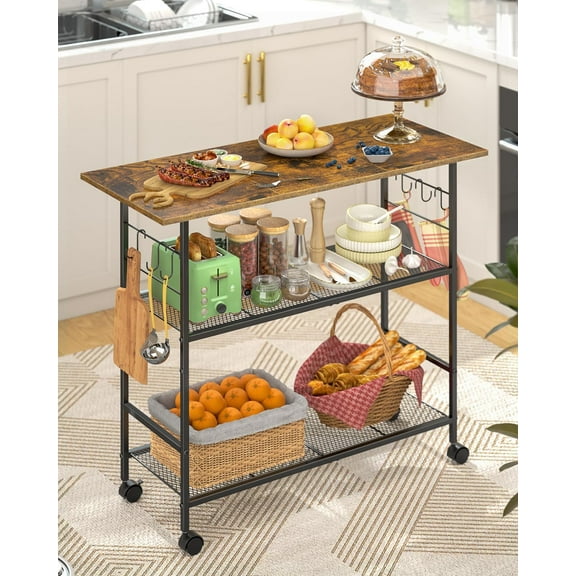 ZHIBO Kitchen Island with 3 Shelves, 6 Hooks, Locking Wheels, Metal Frame