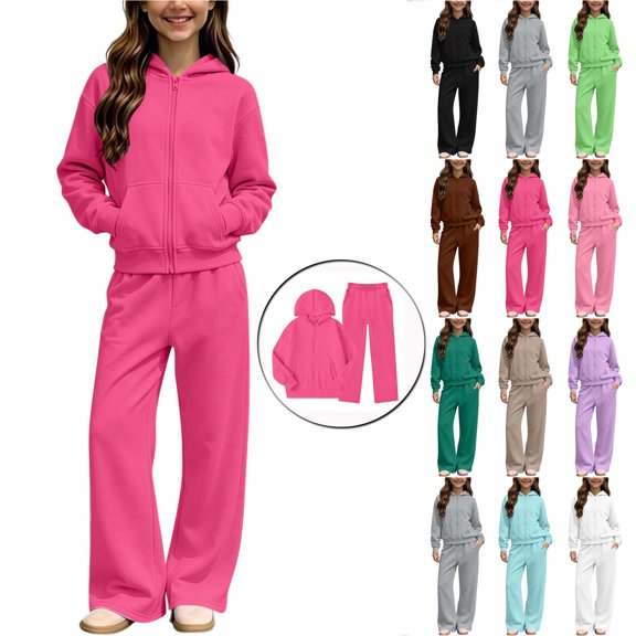 Bloomae Girls Sweatsuit 2 Piece Set Full Zip up Long Sleeve Hooded Sweatshirts and Wide Leg Sweatpants Trendy Fall Winter Cozy School Matching Tracksuit Outfits Clothes