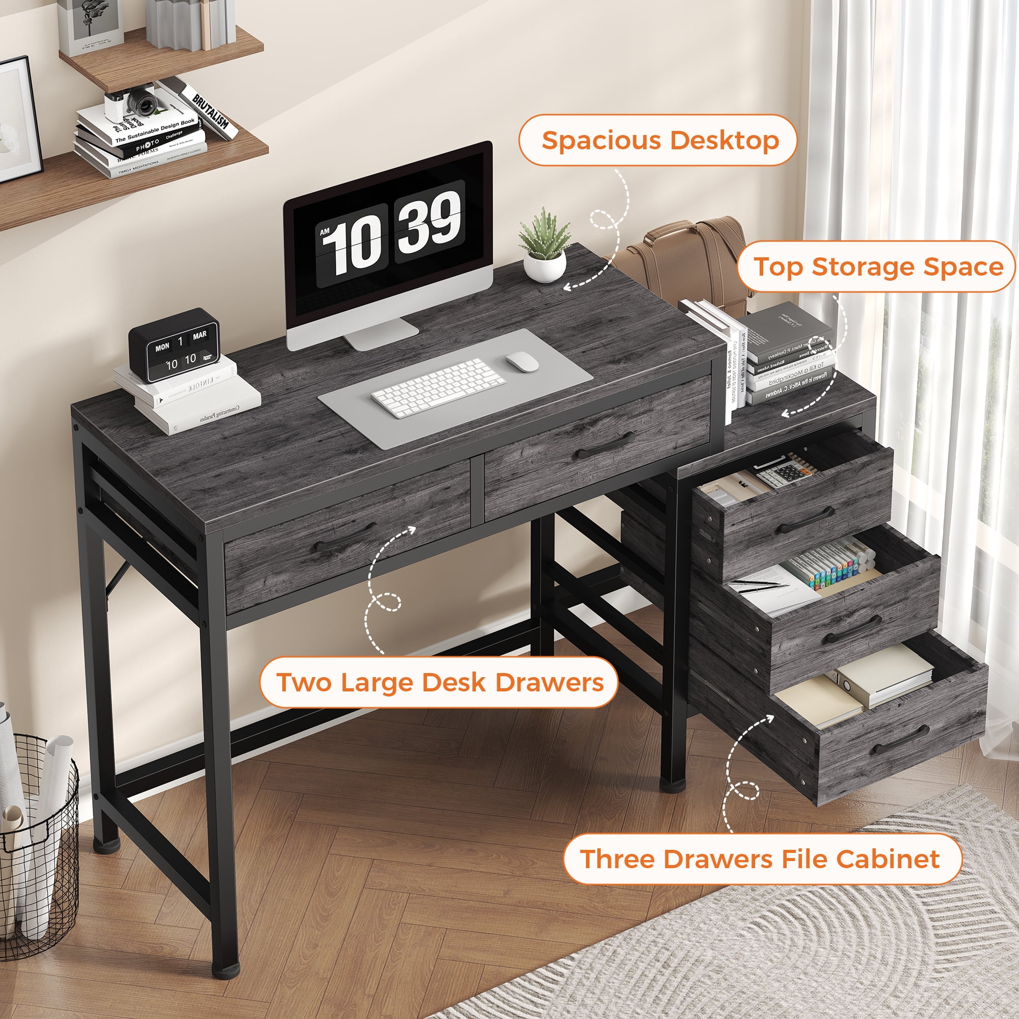 IULULU 51inch Computer Desk with 5 Drawers, Woodtop Desk of Small Spaces, Modern Style for Home Office, Gray