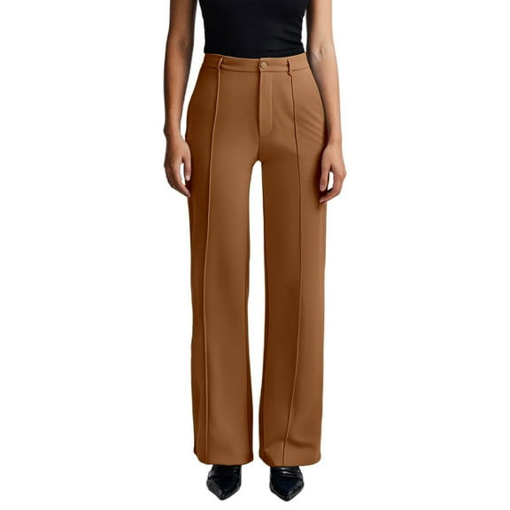 Fiaer,Women's Plus Size Business Dressy Pants,Womens Slim Fit Straight Leg Work Trousers,Ladies Buttons Stretch Solid Color Slacks with 2 Pockets Brown XL