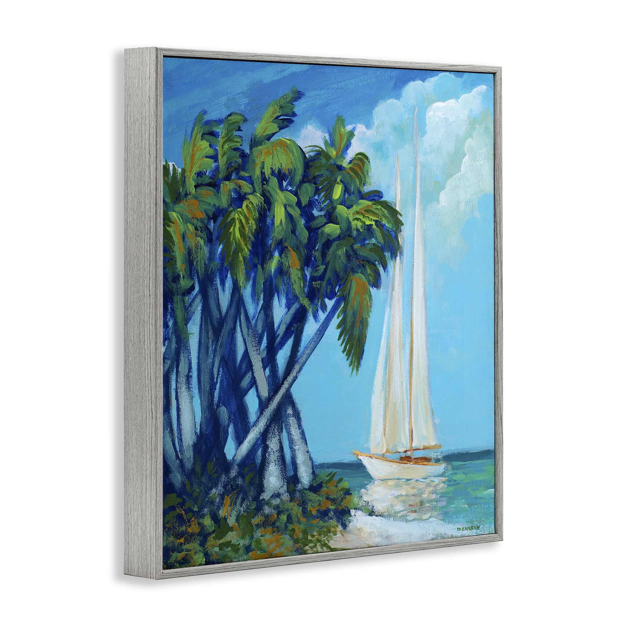 Stupell Industries Sailboat & Twisted Palms Gray Framed Giclee Art, design by Dan Meneely