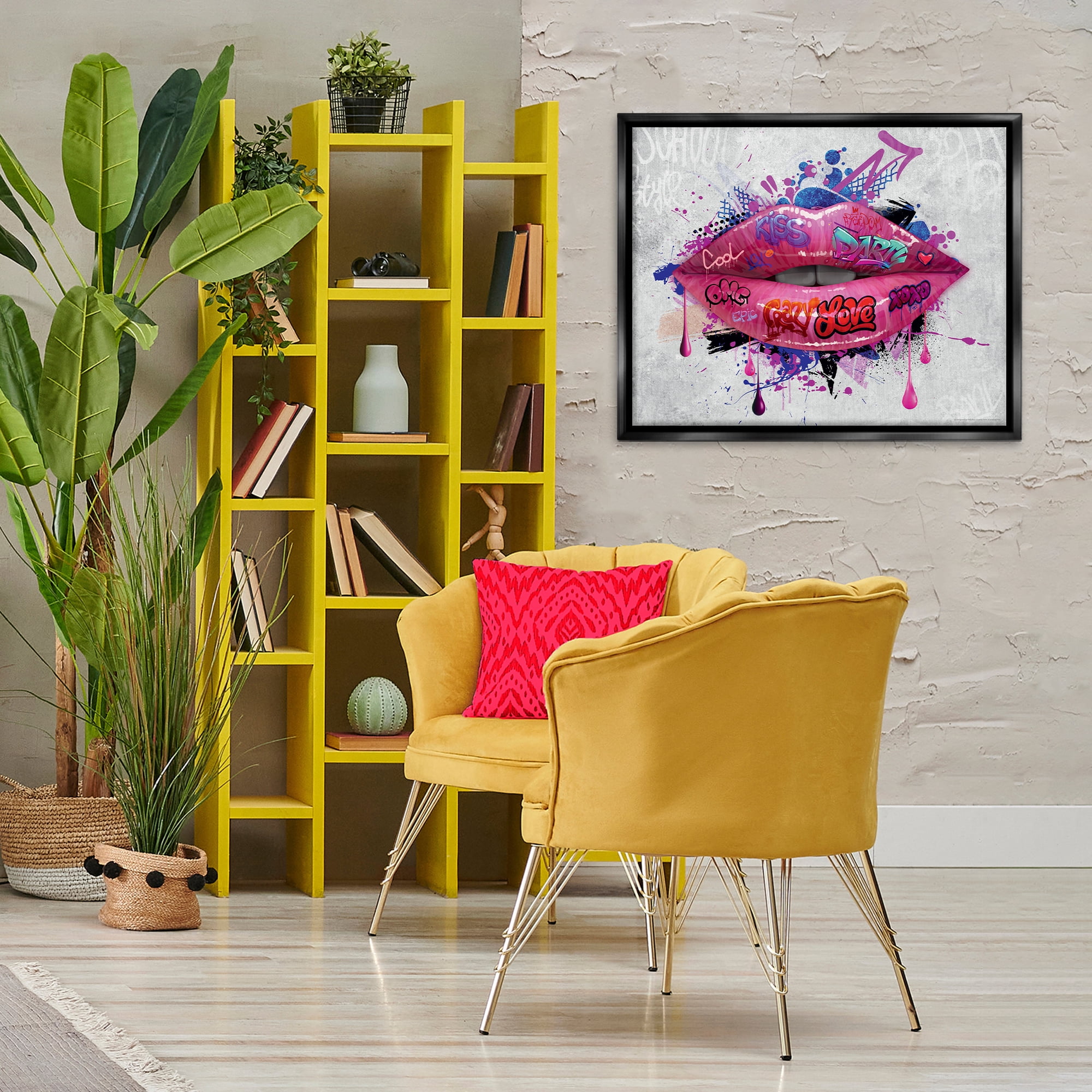 Stupell Industries Urban Graffiti Lips Abstract Painting Black Floater Framed Canvas Art Print Wall Art, 31 x 25