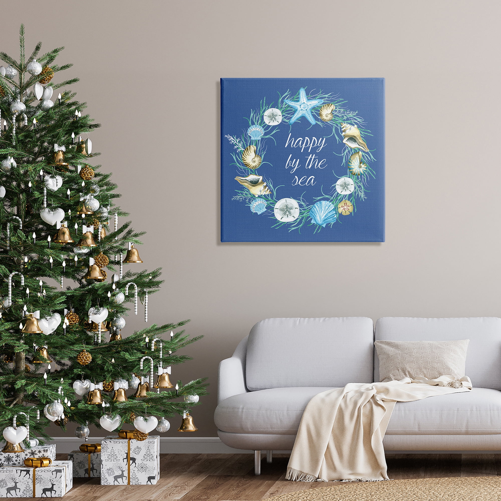 Happy By The Sea Calligraphy Aquatic Shells Wreath Coastal Graphic Art Gallery-Wrapped Canvas Print Wall Art