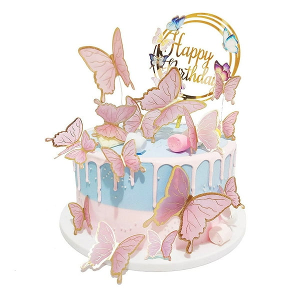 Charming Birthday Party Decor, Butterfly Cake Toppers in Vibrant Pink, Happy Birthday Cake Toppers with Metal Gold Frame, Reusable Acrylic Panel for Celebratory Cakes and Cupcakes
